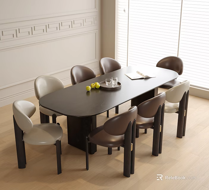 Elegant Dining Room Interior With Oval Dark Table Gray Brown Chairs And Fruits On Top 3d model 