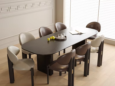 Elegant Dining Room Interior With Oval Dark Table Gray Brown Chairs And Fruits On Top 3d model