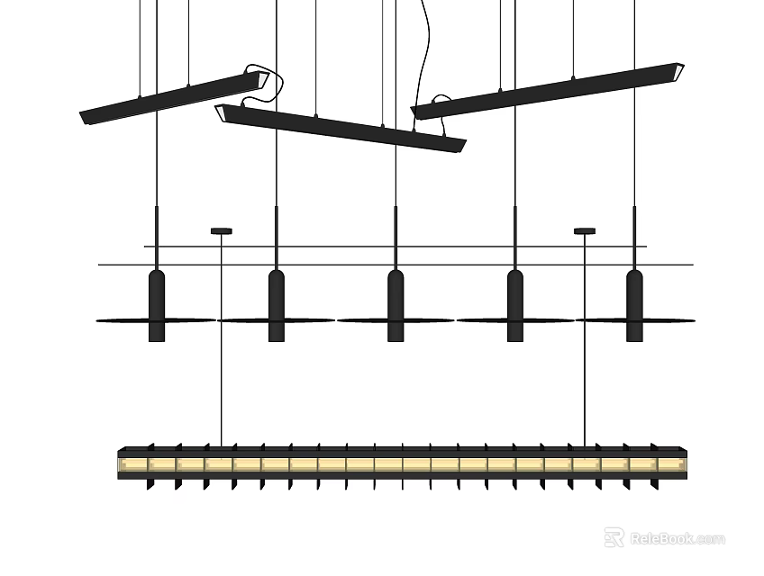 Modern Linear Design Pendant Lights With Multiple Suspended Sleek Black Bars Fixture 3d model 