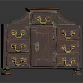 Vintage Red Cabinet Furniture With Ornate Design Golden Handles Multiple Drawers And Decorative Feet