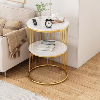 Round Marble Top Gold Metal Frame Two Tier Side Table In Living Room By Sofa 3d model