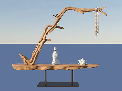 Natural Wooden Branch Ornament Set With Small Bird Beaded Chain Buddha Statue And Lotus 3d model