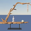 Natural Wooden Branch Ornament Set With Small Bird Beaded Chain Buddha Statue And Lotus