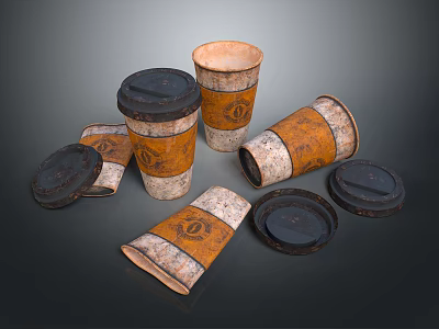 Disposable Paper Cups For Daily Use With Black Lids And Orange White Design 3d model