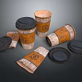 Disposable Paper Cups For Daily Use With Black Lids And Orange White Design