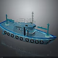 Blue Tugboat With Multiple Black Tire Bumpers Deck Cabin And Mast