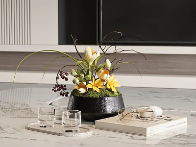 Black Vase With Yellow Flowers Green Foliage And Dark Berries On Marble Countertop 3d model