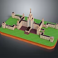Cartoon Scene 3D Model of Castle with Multiple Towers Spires Green Grass and Red Steps