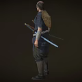 Game Movie Character In Traditional Blue Robe With Waist Belt And Leg Wraps