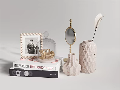 Decorative Ornament Set With Books Photo Frame Cloche Mirror And Vases 3d model