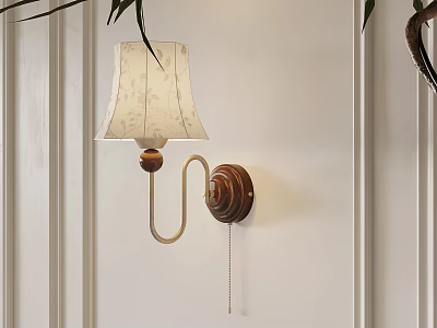 Vintage Wall Lamp With Wooden Base And Floral Patterned Lampshade On White Wall 3d model