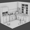 Cartoon Kitchen Scene With Brown Cabinets White Countertop Window And Stool