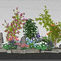 Colorful Garden Flowers And Green Plants With Stones Against Gray Wall