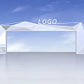 Modern Geometric Archway with LOGO White Polygonal Structure against Blue Sky and White Clouds