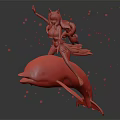Game or Movie Character in Dynamic Pose Riding Dolphin with Fox Features
