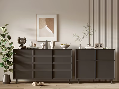 Black Console Cabinet and Side Cabinet in Entryway Interior with Green Plant and Decorative Items 3d model