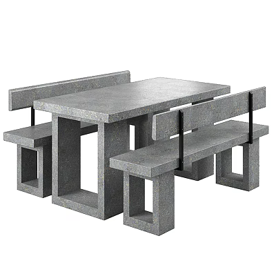 Gray Concrete Outdoor Table With Matching Benches And Simple Square Support Structure 3d model