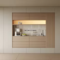 Modern Light Wood And White Sideboard With Coffee Machine Cups And Fresh Fruits