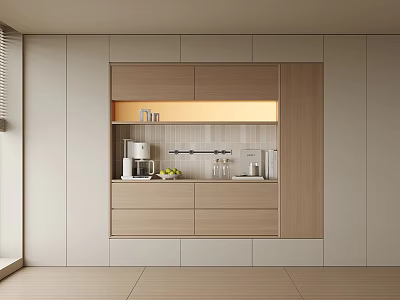 Modern Light Wood And White Sideboard With Coffee Machine Cups And Fresh Fruits 3d model