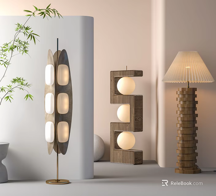 Contemporary Floor Lamps With Wooden Geometric Bases Circular Elements And Linen Shades 3d model 