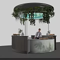 Modern Round Bar Counter With Hanging Green Plants Bartender And Sunset Sky