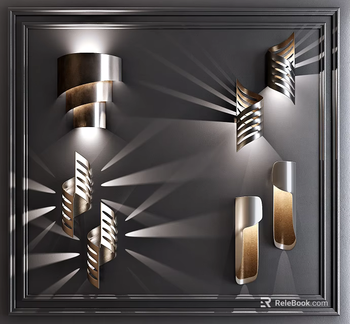 Modern Metallic Wall Lamps With Radiant Light Patterns On Dark Interior Wall 3d model