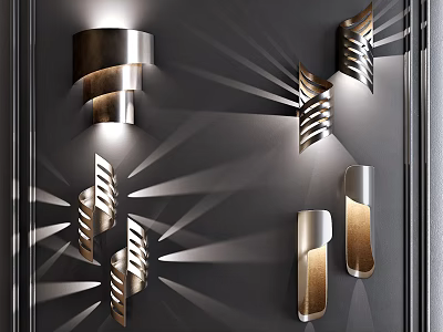 Modern Metallic Wall Lamps With Radiant Light Patterns On Dark Interior Wall 3d model