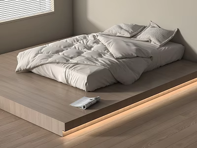 Minimalist Bedroom Interior With Wooden Platform Bed LED Strip Lighting Light Bedding And Magazine 3d model