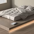 Minimalist Bedroom Interior With Wooden Platform Bed LED Strip Lighting Light Bedding And Magazine