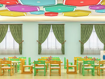 Bright Kindergarten Classroom Interior With Colorful Geometric Ceiling Green Curtains And Vibrant Tables Chairs 3d model
