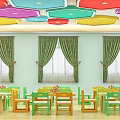 Bright Kindergarten Classroom Interior With Colorful Geometric Ceiling Green Curtains And Vibrant Tables Chairs
