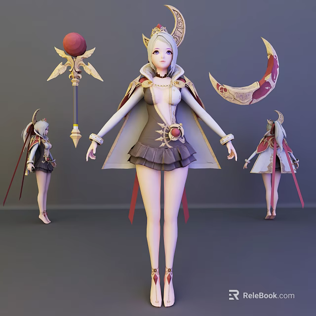 Game Character With Golden Hair Moon Decoration Staff And Cloak Outfit 3d model 