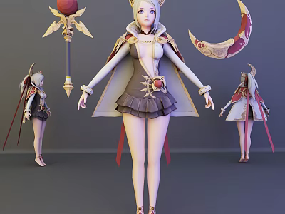 Game Character With Golden Hair Moon Decoration Staff And Cloak Outfit 3d model