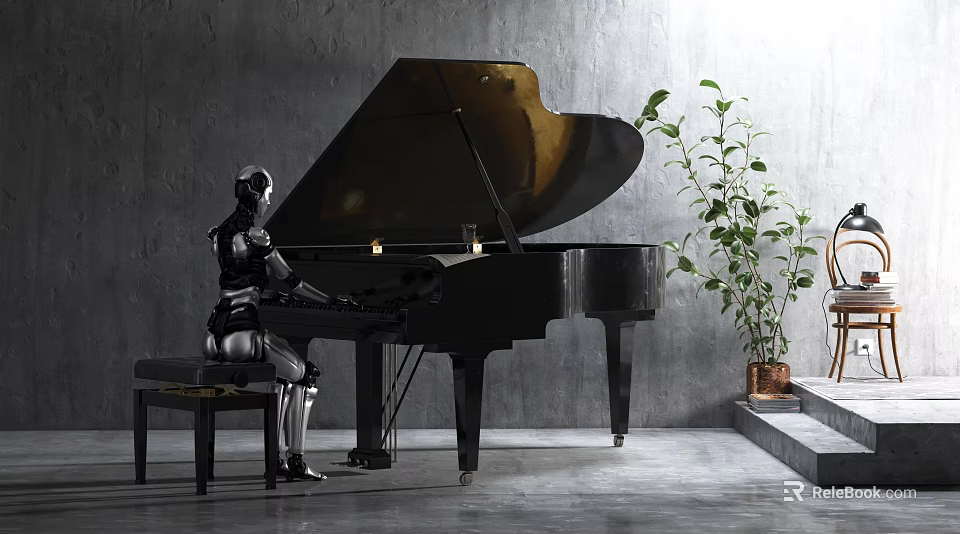 Robot Playing Black Grand Piano Against Gray Wall With Green Plant And Steps 3d model 