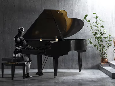 Robot Playing Black Grand Piano Against Gray Wall With Green Plant And Steps 3d model