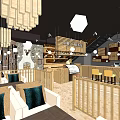 Modern Café Interior With Wooden Pendant Lights Blue Cushion Seats Stone Walls And Bar Counter