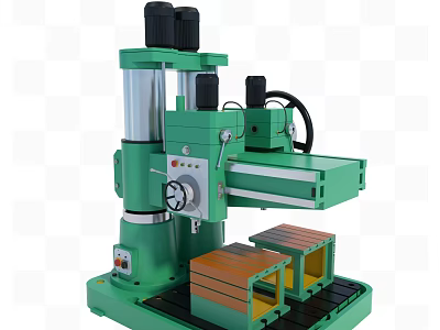 Green Industrial Radial Drilling Machine with Vertical Column Adjustable Arm and Worktable 3d model
