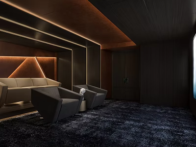 Modern Home Theater Interior With Dark Wood Panels Recessed Lighting And Light Gray Seating 3d model