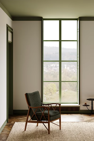 Dark Colored Single Sofa By Large Window With Scenic Mountain View And Side Table 3d model