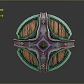 Cartoon Scene Shield With Metallic Frame Wooden Panels And Central Green Gem
