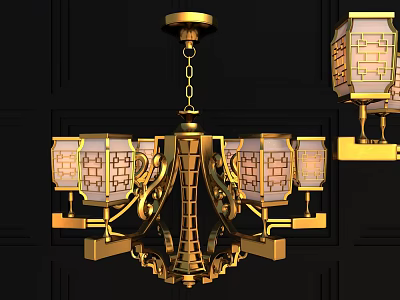 Ornate Golden Chandelier With Lattice Pattern Shades And Intricate Metal Framework 3d model