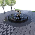 Outdoor Water Fountain With Bronze Sculpture Tree Surroundings And Patterned Paving