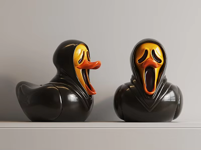 Decorative Black Hooded Duck Figurines With Yellow Orange Scream Faces On White Shelf 3d model