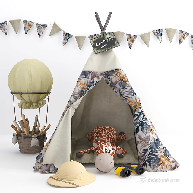 Kids Floral Teepee Tent With Giraffe Plush Toy Hot Air Balloon Decoration And Bunting Flags 3d model 