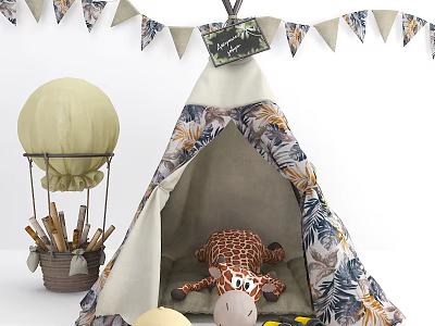 Kids Floral Teepee Tent With Giraffe Plush Toy Hot Air Balloon Decoration And Bunting Flags 3d model