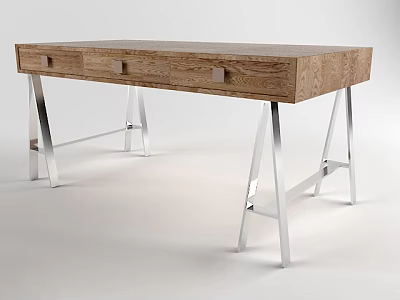 Modern Wooden Desk With Drawers And Sleek Metal Legs Design 3d model