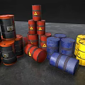 Industrial Storage Drums Featuring Red Blue And Gray Colors Stacked Tilted With Yellow Warning Labels
