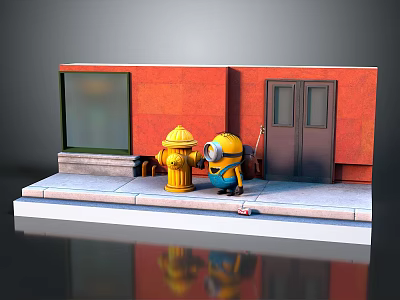 Minion Character Standing By Yellow Fire Hydrant Near Red Building With Double Doors On Sidewalk 3d model