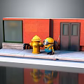 Minion Character Standing By Yellow Fire Hydrant Near Red Building With Double Doors On Sidewalk