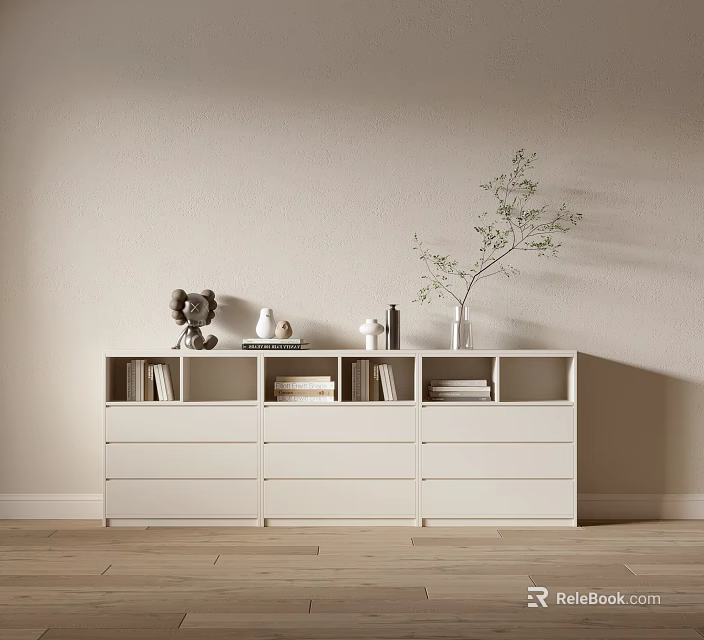 Minimalist White Entryway Cabinet Sideboard with Drawers Open Shelves and Decorative Plants Books 3d model 